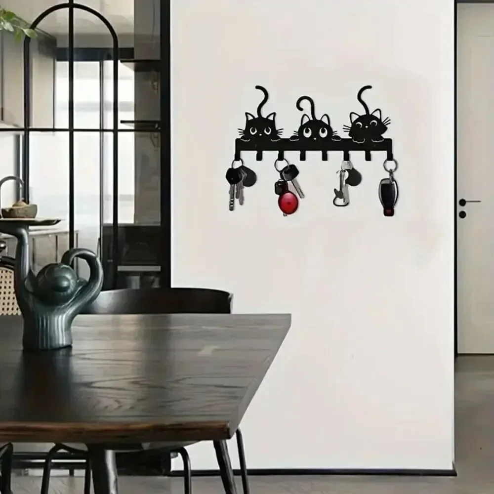 NWT Gorgeous 3 Black Cats Hanger Metalic 8 Hooks Wall Mount Key Holder Organizer